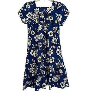 Hawaiian Vintage Floral Blue Mumu Dress Ruffle Size Large Short Sleeves